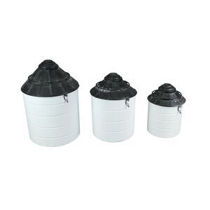 Set of 3 Black and White Vintage Farmhouse Tin Silo Canisters